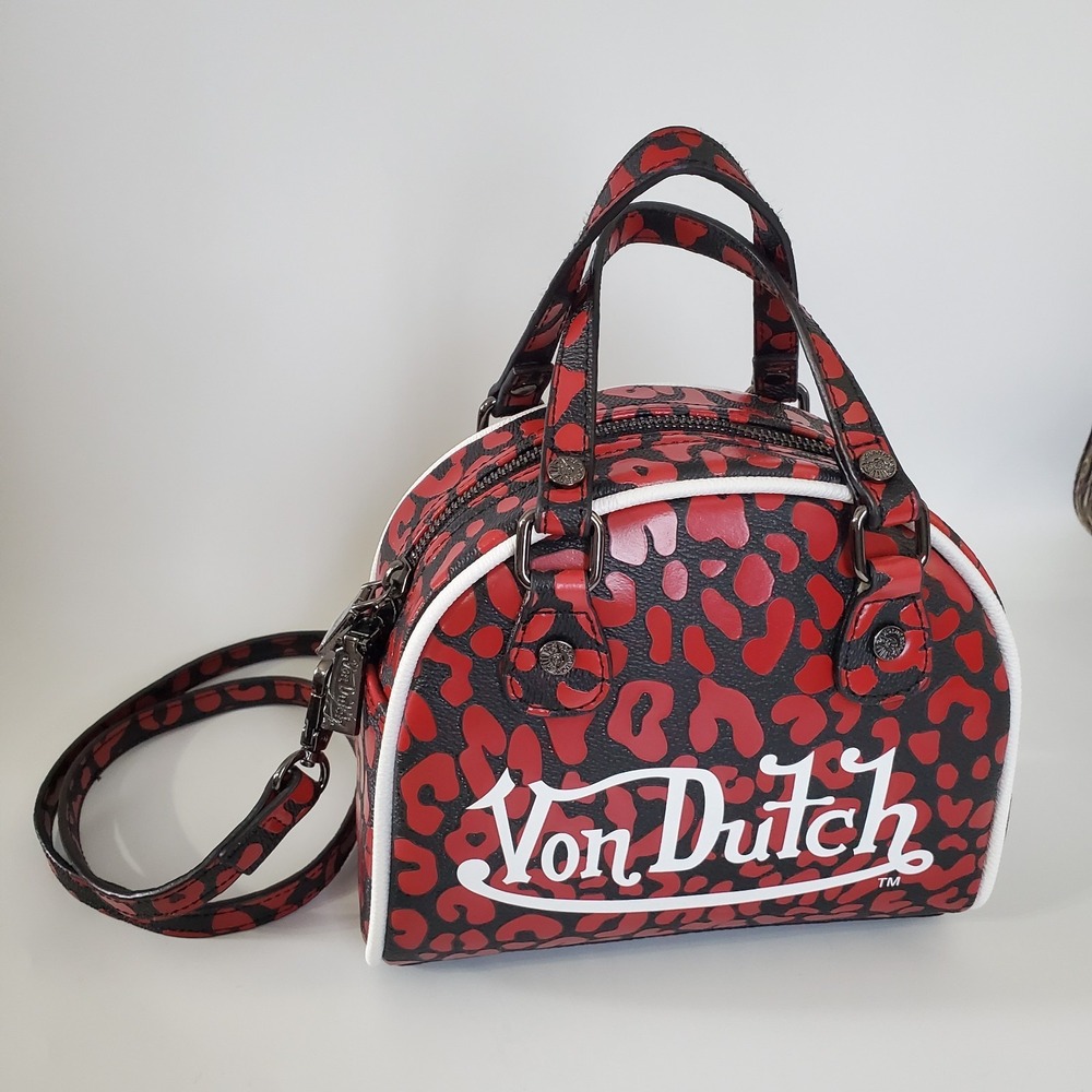 New Von Dutch Bag Purse Black Red Cheetah Print Bowling Crossbody Strap Y2K Logo - Picture 5 of 6